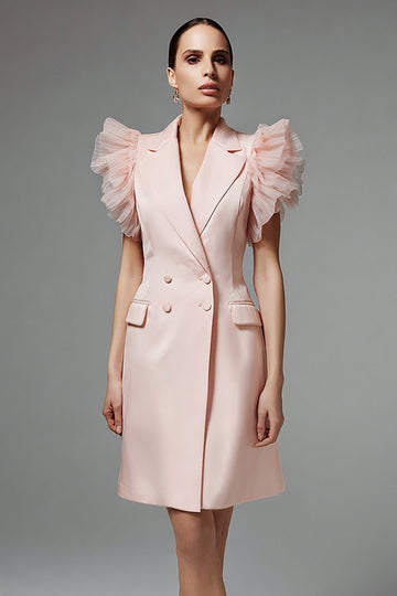 Ruffled Pink A Line Peak Lapel Work Dress